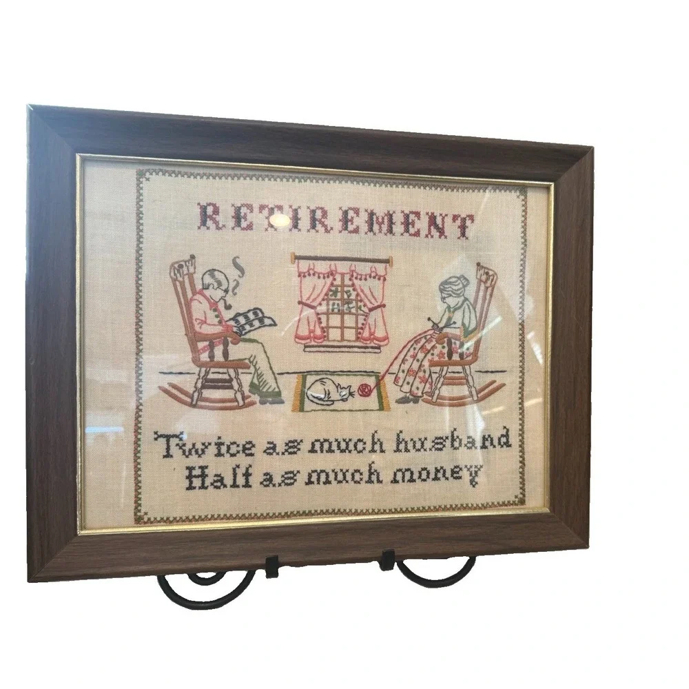 Vintage Retirement Cross Stitch Framed Sampler Twice As Much Husband Kitsch 18
